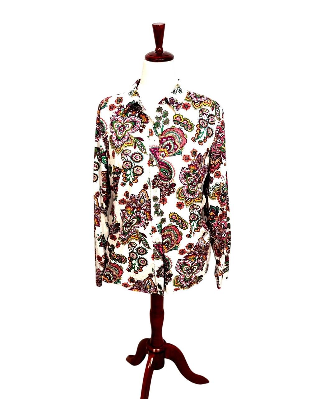 Talbots long sleeve button up paisley floral print top collar 100% cotton Sz L